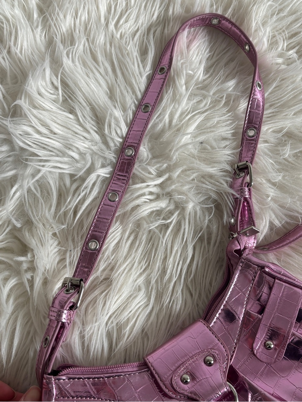 Metallic Pink Croc-Embossed Shoulder Bag - Picture 3 of 6